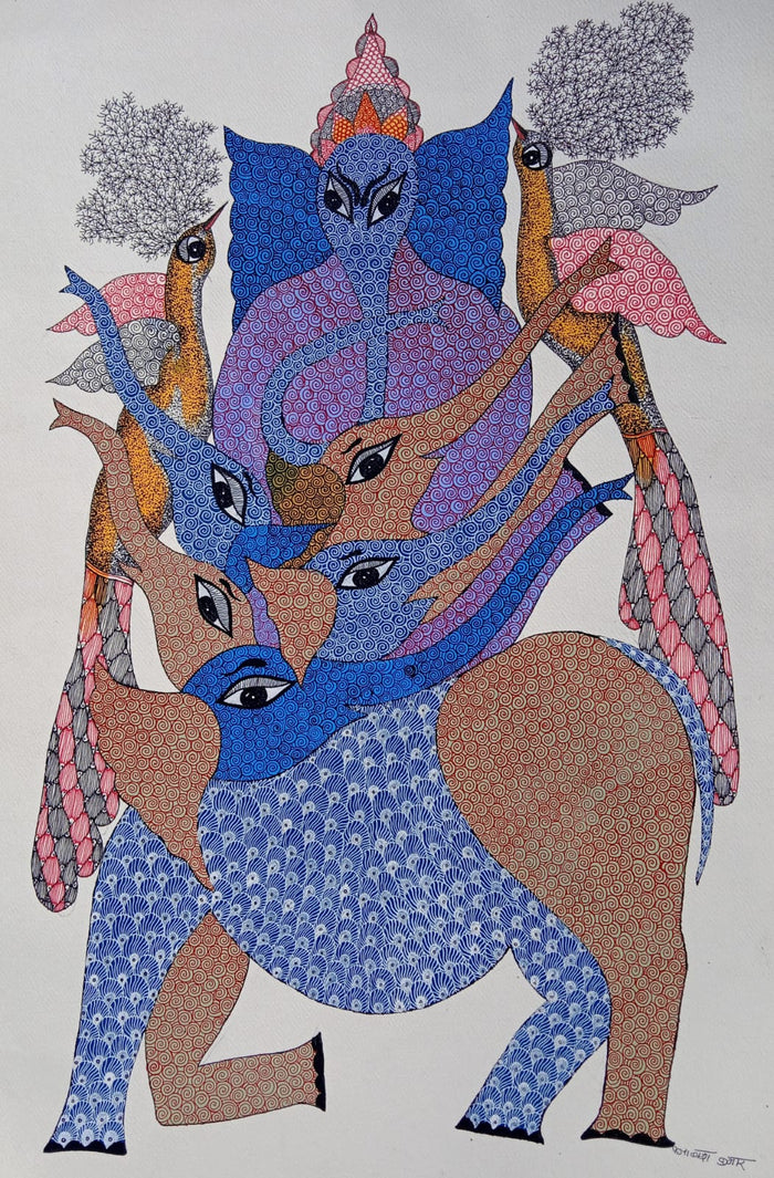 The Ganesha & Infinite Elephant Masterpiece – Gond Painting   Paintings