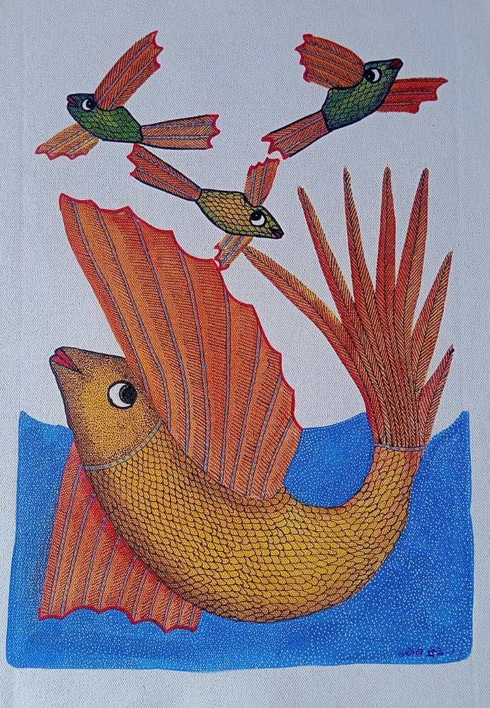 The Golden Fish and Winged Companions - Gond Painting   Paintings