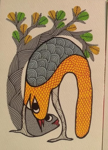 The Meeting of Elements – Colorful Gond Bird and Fish Tribal Art   Paintings