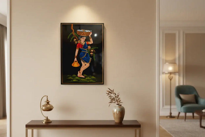 Moonlit Fisherwoman Nirmal Painting: Woman fishing under the moon.