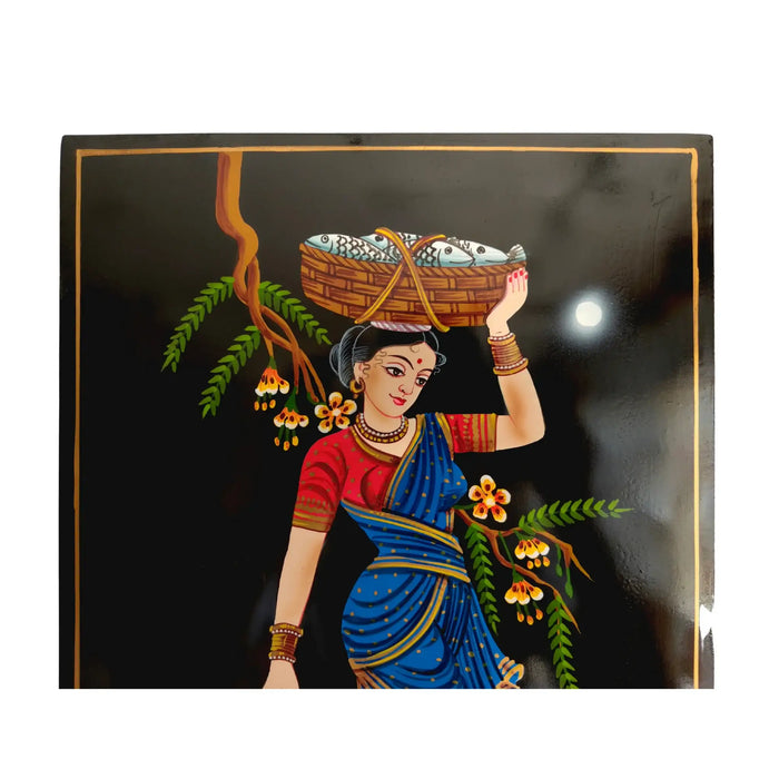 Moonlit Fisherwoman Nirmal painting on canvas, a traditional Indian art piece.