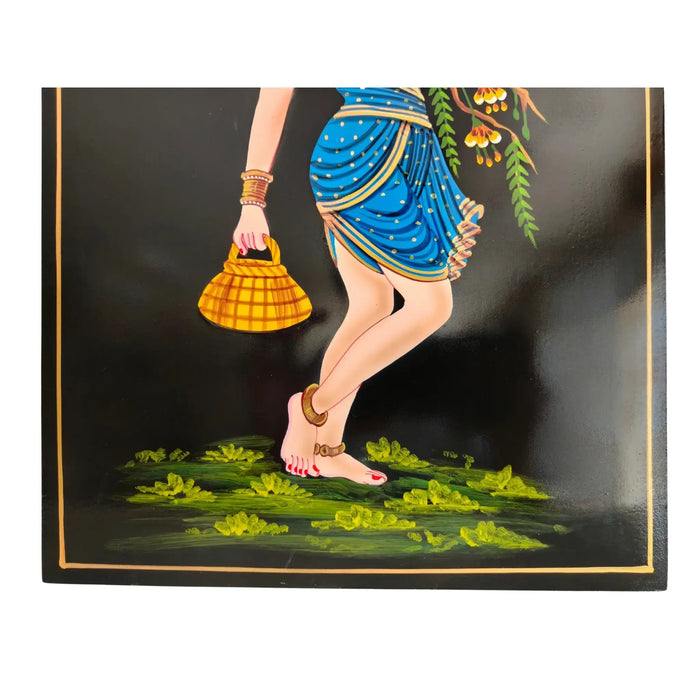 Moonlit Fisherwoman Nirmal Painting, intricate Indian folk art.