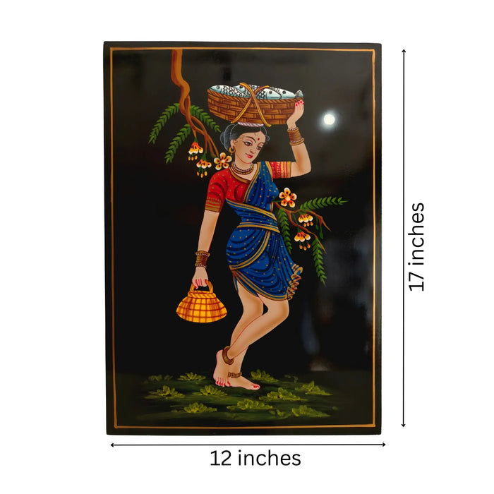 Moonlit Fisherwoman Nirmal Painting, depicting a woman fishing by the sea under moonlight.