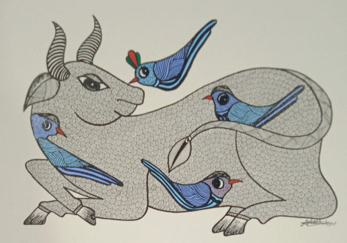 The Resting Bull and Blue Birds - Gond Paintings   Paintings