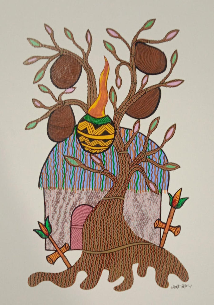 The Sacred Village Home & Harvest Tree - Gond Painting   Paintings