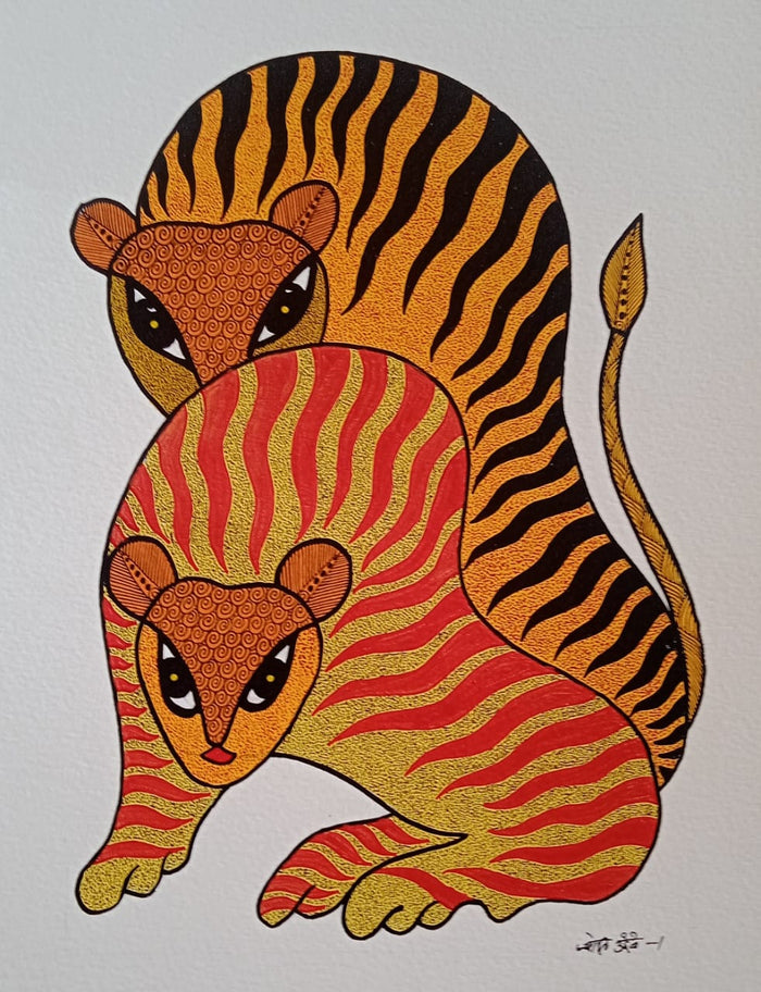 The Twin Tigers of the Forest - Gond Painting   Paintings