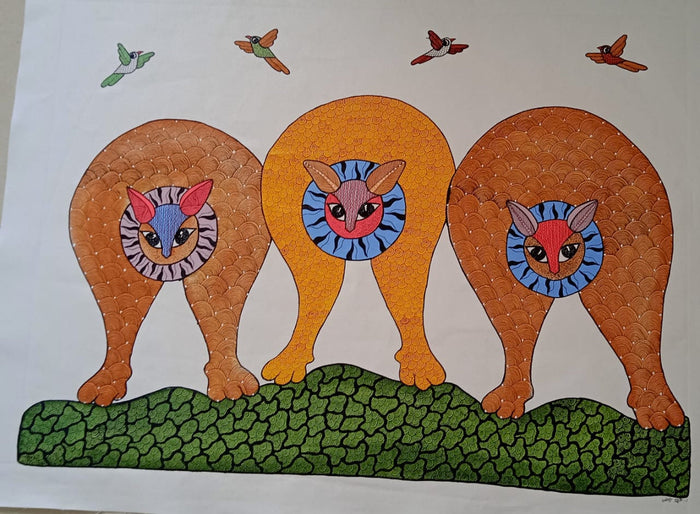 Three Forest Guardians Gond Painting   Paintings