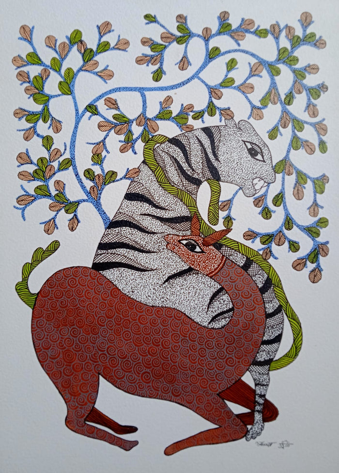 Tiger & Deer Nature’s Cycle – Gond Tribal Art Painting   Paintings