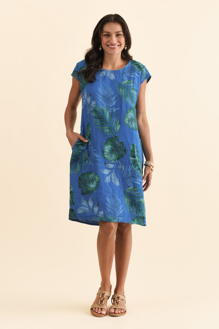 Tina Cobalt Palm Linen Pocket Dress,Brunette model,alt text|model:Brontie