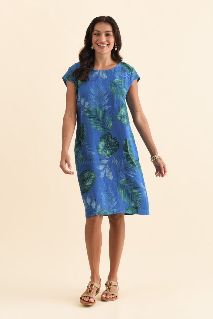 Tina Cobalt Palm Linen Pocket Dress,Brunette model,alt text|model:Brontie