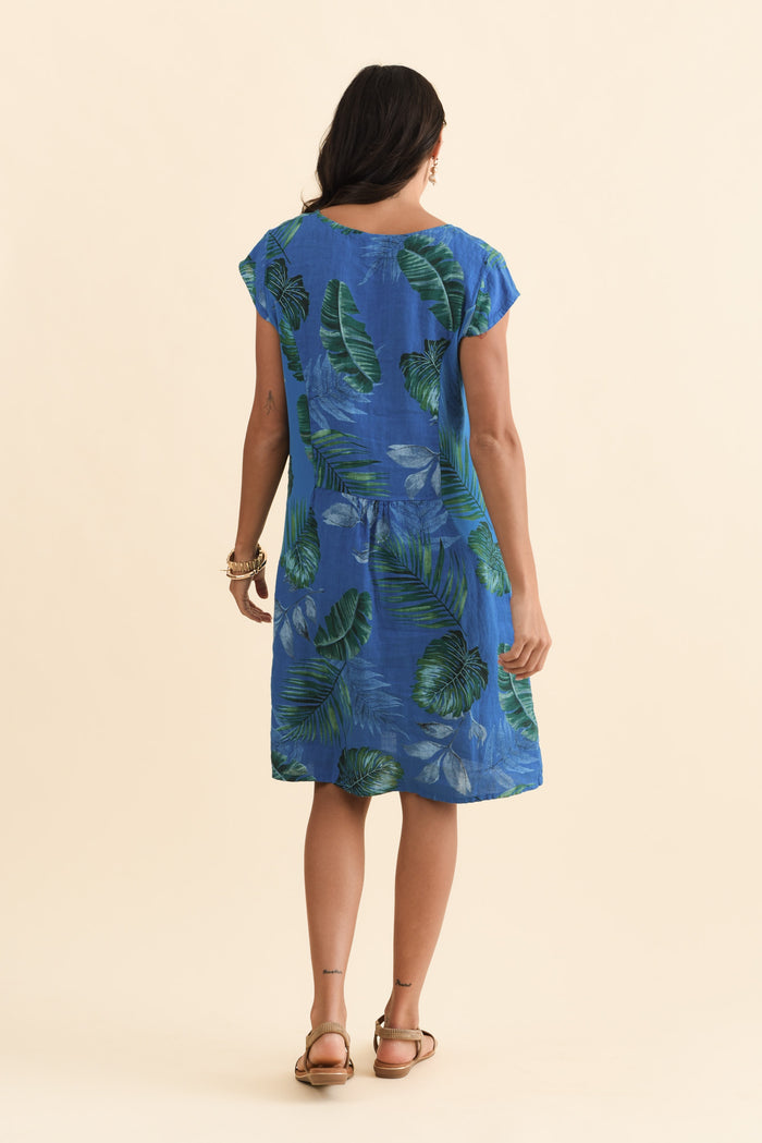 Tina Cobalt Palm Linen Pocket Dress,Brunette model,alt text|model:Brontie