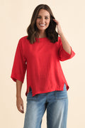 Tommy Red Side Split Top,Brunette model,alt text|model:MJ