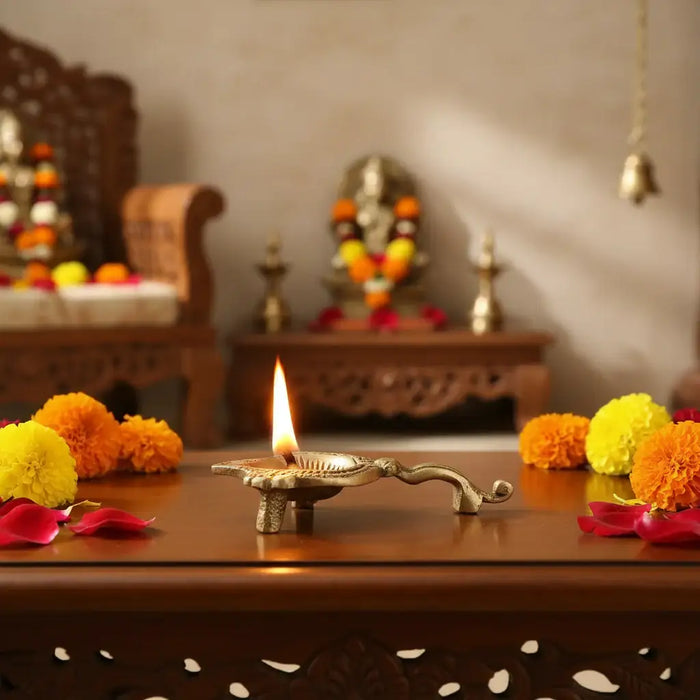 Traditional Brass Aarti Diya with Om Symbol and Handle   Brass Ware