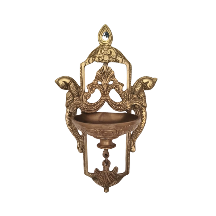 Traditional Brass Peacock Wall Diya – Handcrafted Hanging Oil Lamp   Brass Artwork