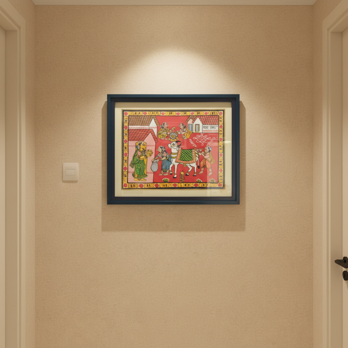 Village Procession Cheriyal Painting: vibrant folk art depicts a lively village celebration.