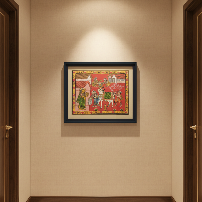 Village procession Cheriyal painting, vibrant folk art depicting rural life.