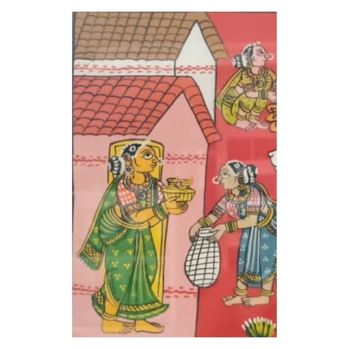 Village procession Cheriyal painting, vibrant folk art on canvas.