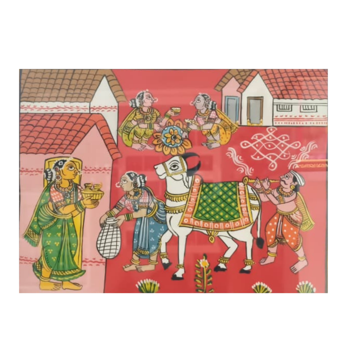 Vibrant Village Procession Cheriyal Painting folk art featuring colorful figures.