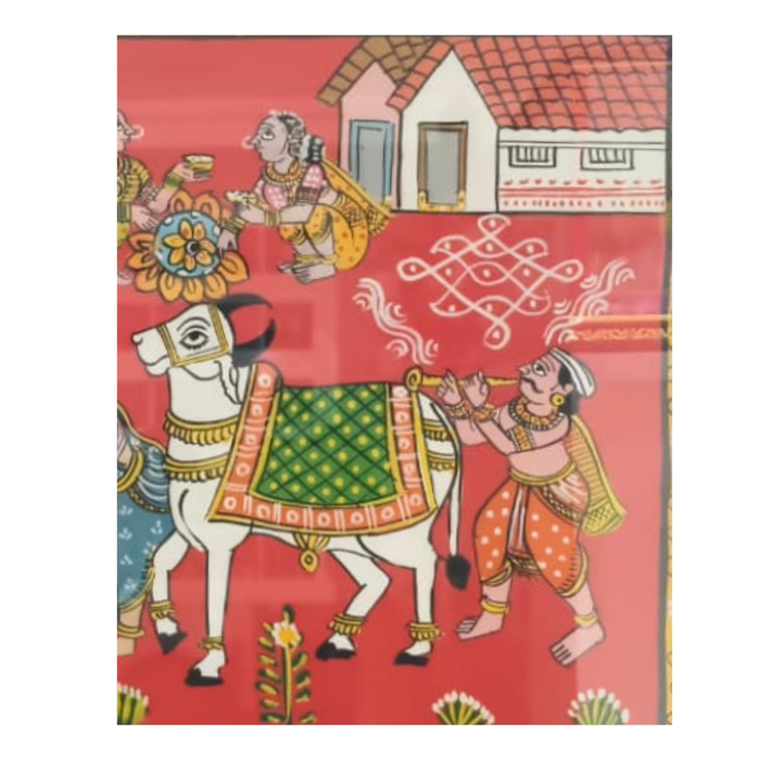 Village procession Cheriyal painting: colorful folk art depicting traditional life.
