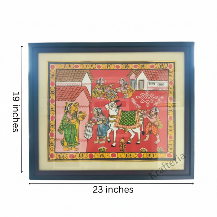 Village procession Cheriyal painting, vibrant folk art featuring decorated villagers.