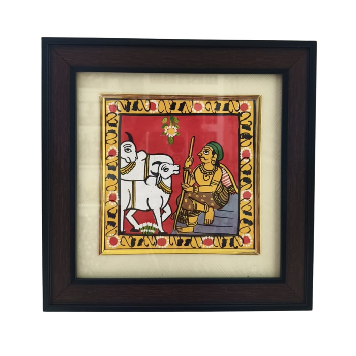 Traditional Cowherd with Bulls - Cheriyal Folk Art Painting   Cheriyala Painting