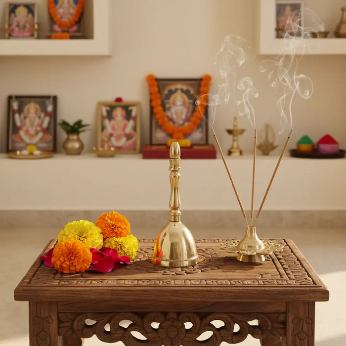 Traditional brass puja ghanta, a golden bell for worship.