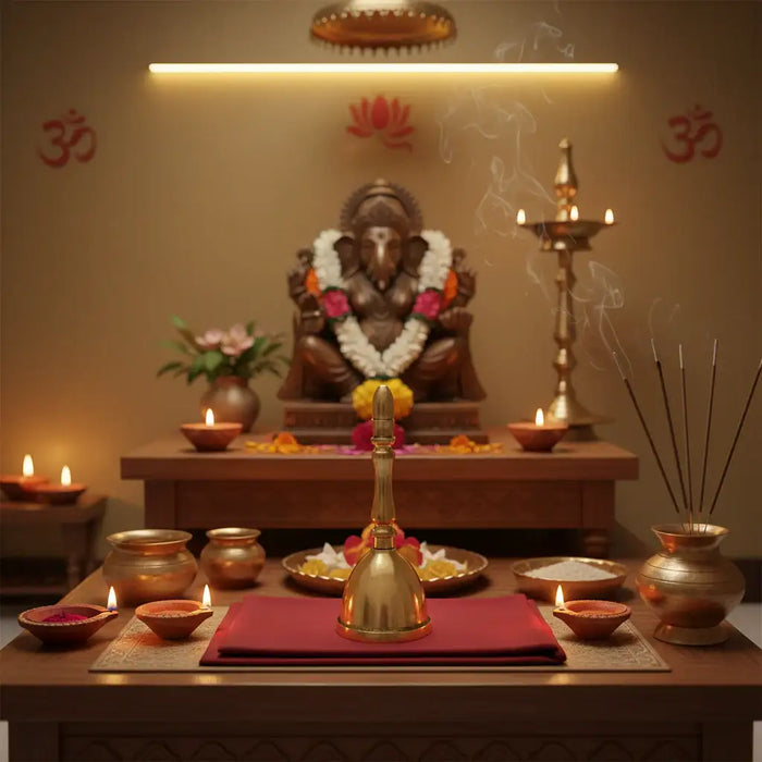 Traditional brass puja ghanta, a golden bell for worship.