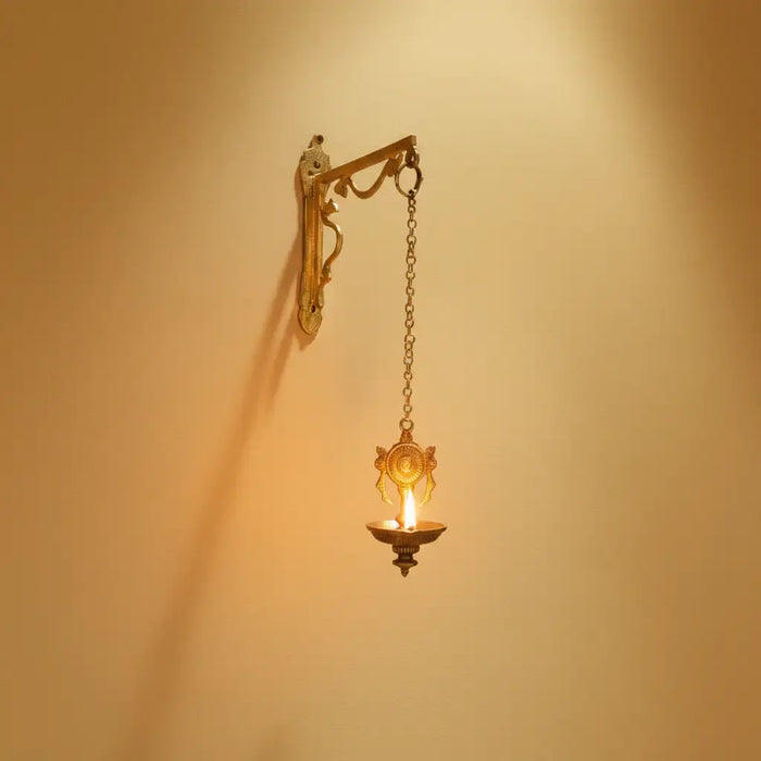 Traditional Handcrafted Hanging Brass Diya/Deepam with Chain and Decorative Chakra   Brass Ware