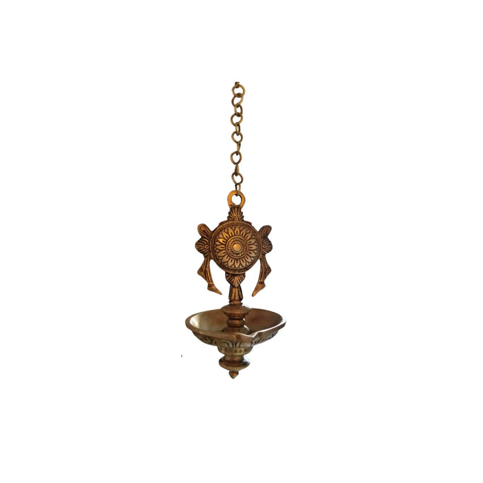 Traditional Handcrafted Hanging Brass Diya/Deepam with Chain and Decorative Chakra   Brass Ware