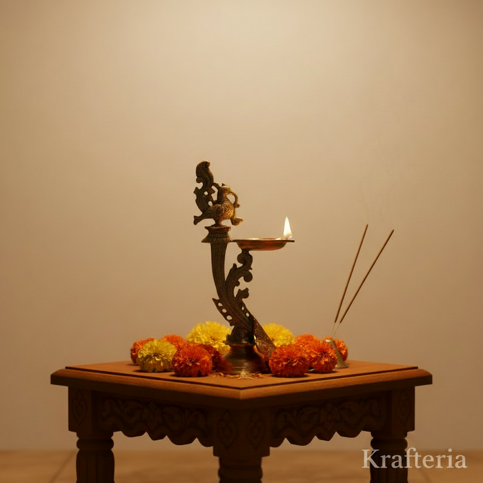 Traditional Hanging Peacock Oil Lamp for Home Temple & Festive Decor   Brass Artwork