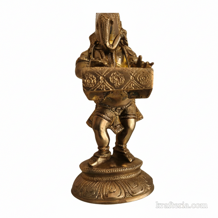 Lord Ganesha harmonium idol, brass altar statue of the deity playing a musical instrument.