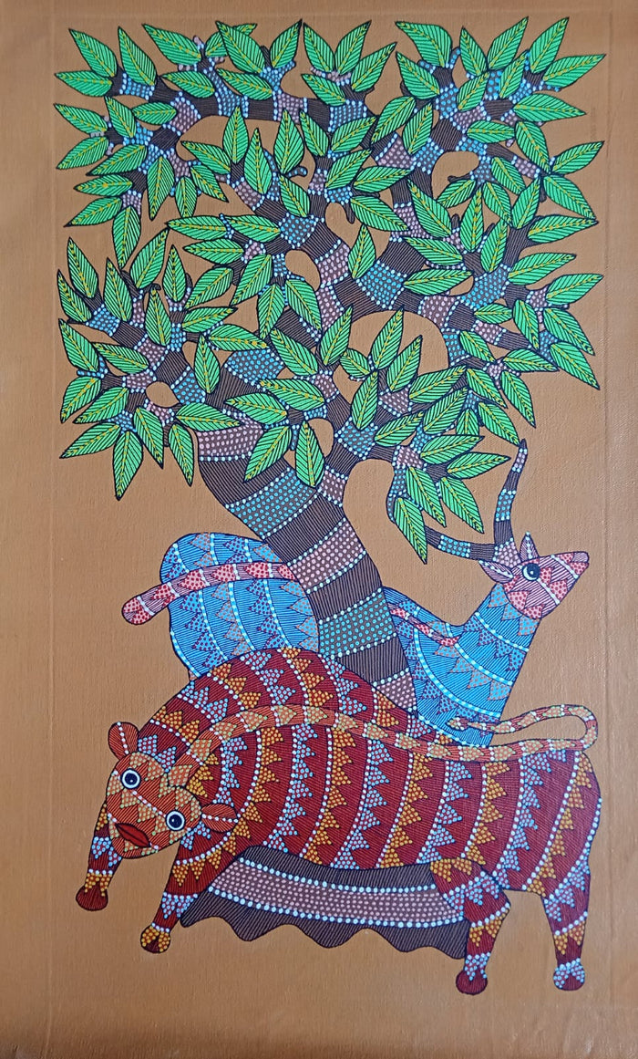 Tree of Life with Forest Companions – Handcrafted Gond Painting   Paintings