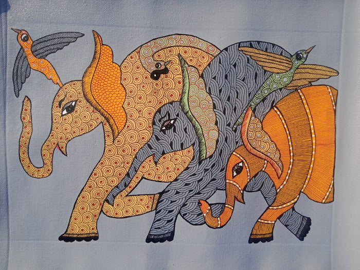 Tribal Elephant Parade – Handcrafted Gond Painting   Paintings