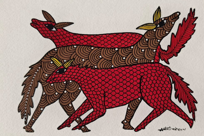 Tribal Fox Pair Artwork – Folk Style | Gond Painting   Paintings