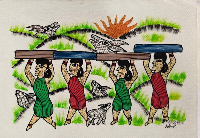 Tribal Women Carrying Wood with Nature Elements - Gond Painting   Paintings
