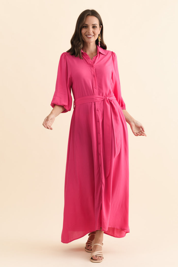 Trinity Fuchsia Tie Dress,Brunette model,alt text|model:MJ