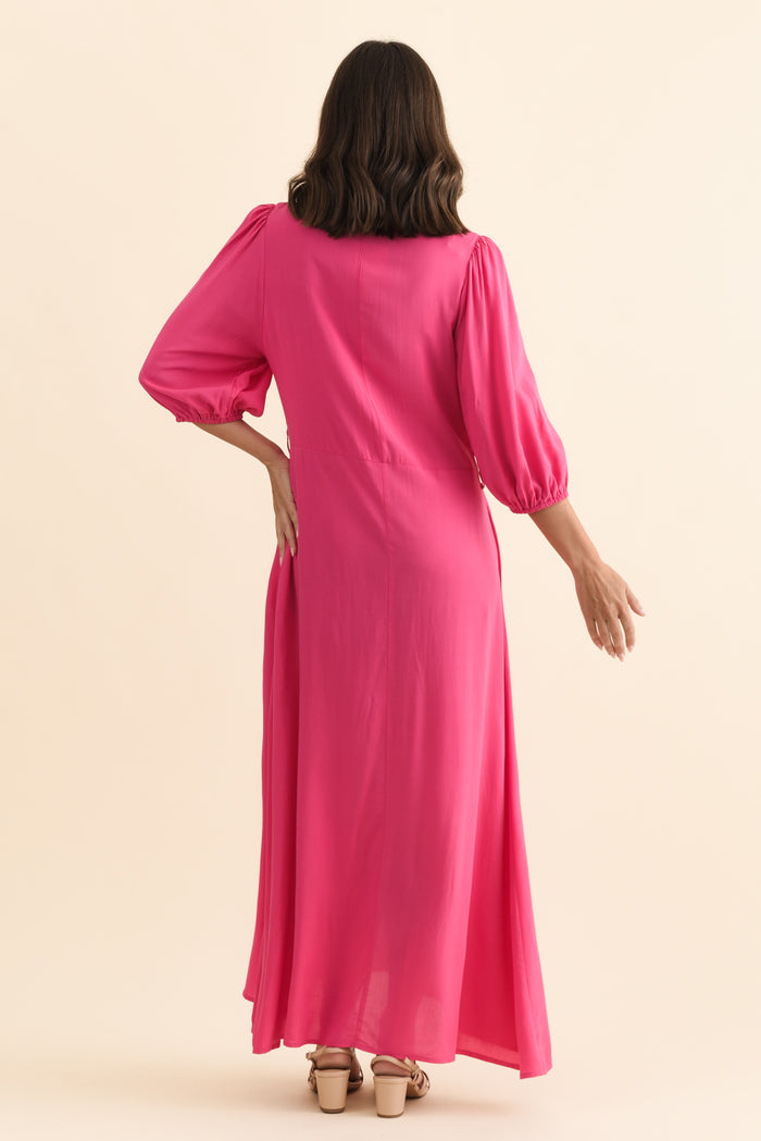Trinity Fuchsia Tie Dress,Brunette model,alt text|model:MJ