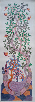 Trio of Flying Birds and the Sacred Grove - Gond Painting   Paintings