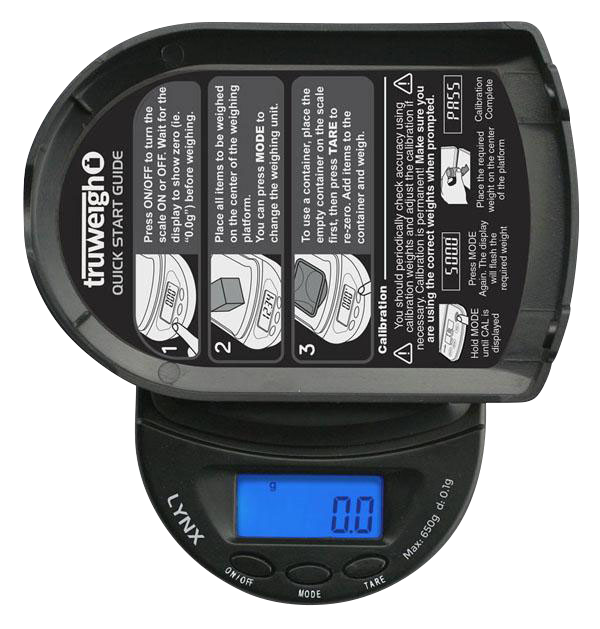Top-down view of the Truweigh Lynx Digital Mini Scale, displaying "0.00" on its digital screen with control buttons.