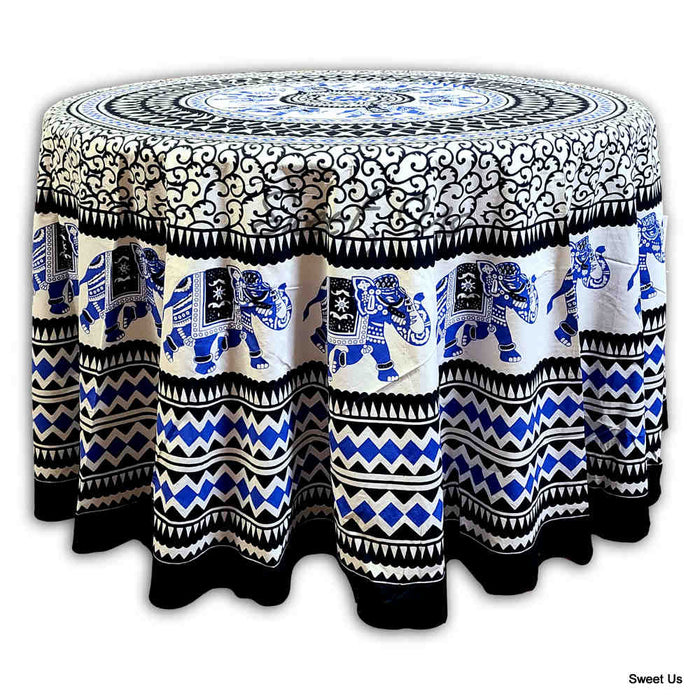 Tusker Trail Elephant Print Cotton Tablecloth Round — Ink Mirage - Sweet Us