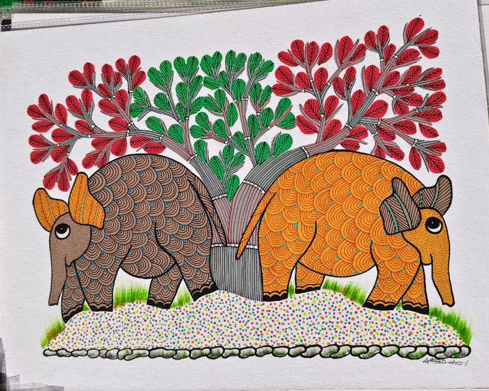Twin Elephants Nature Painting - Authentic Gond Folk Art   Paintings