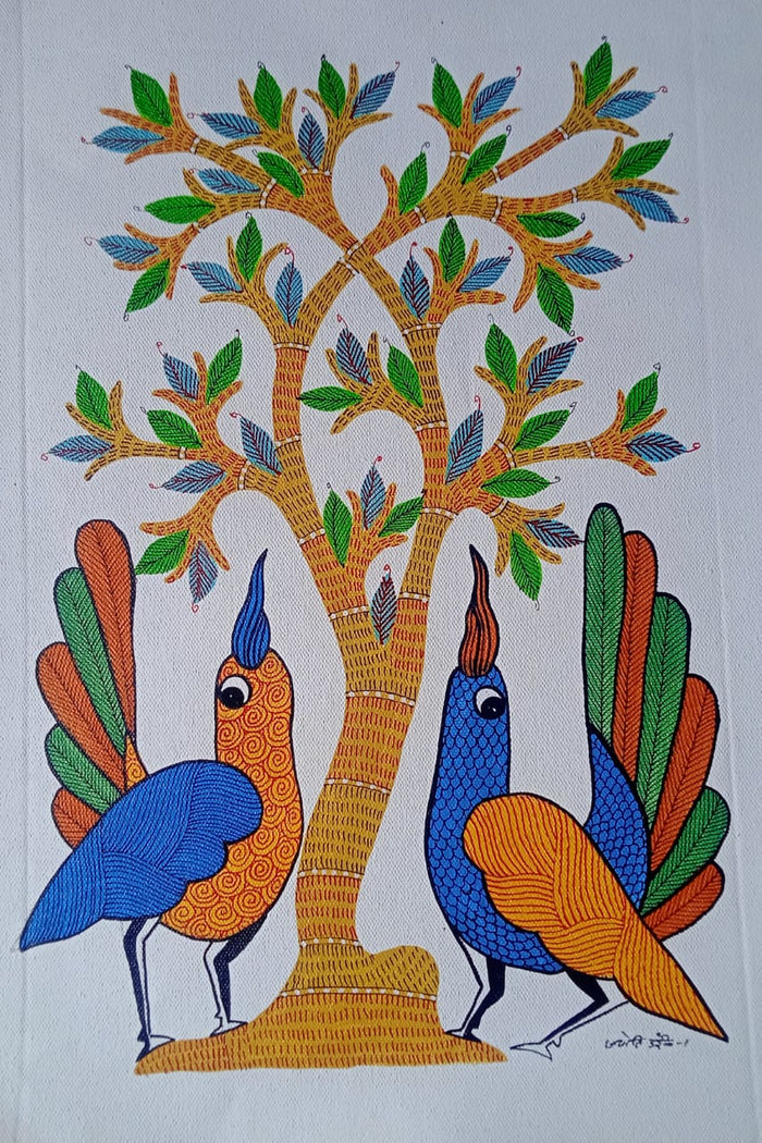 Twin Peacocks and the Tree of Life - Gond Painting   Paintings