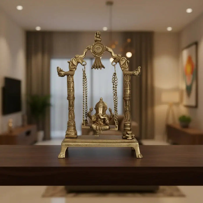 Unique Brass Lord Ganesha on Swing (Jhula): Idol of Joy, Playfulness, and Auspiciousness   Brass Ware