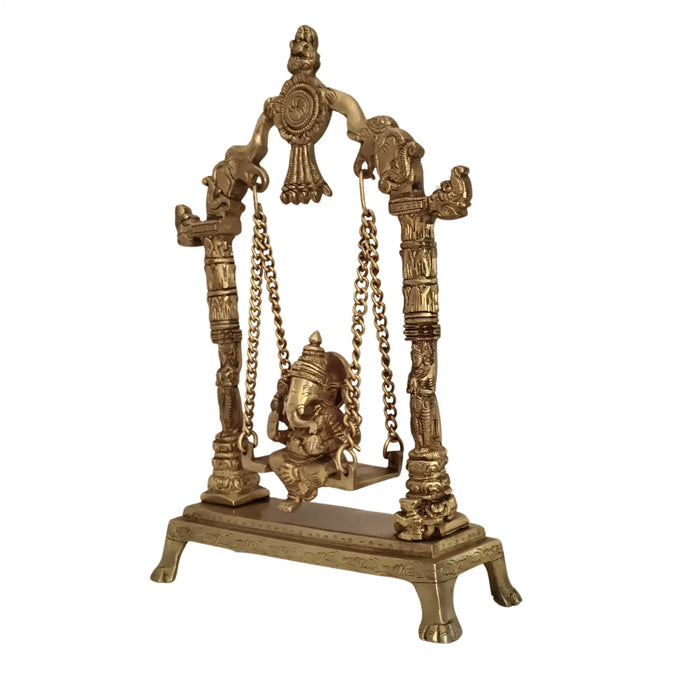Unique Brass Lord Ganesha on Swing (Jhula): Idol of Joy, Playfulness, and Auspiciousness   Brass Ware