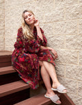 VELVET KIMONO ROBE - BURGANDY BIRDS OF PARADISE