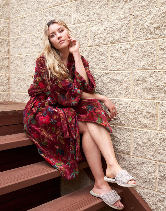 VELVET KIMONO ROBE - BURGANDY BIRDS OF PARADISE