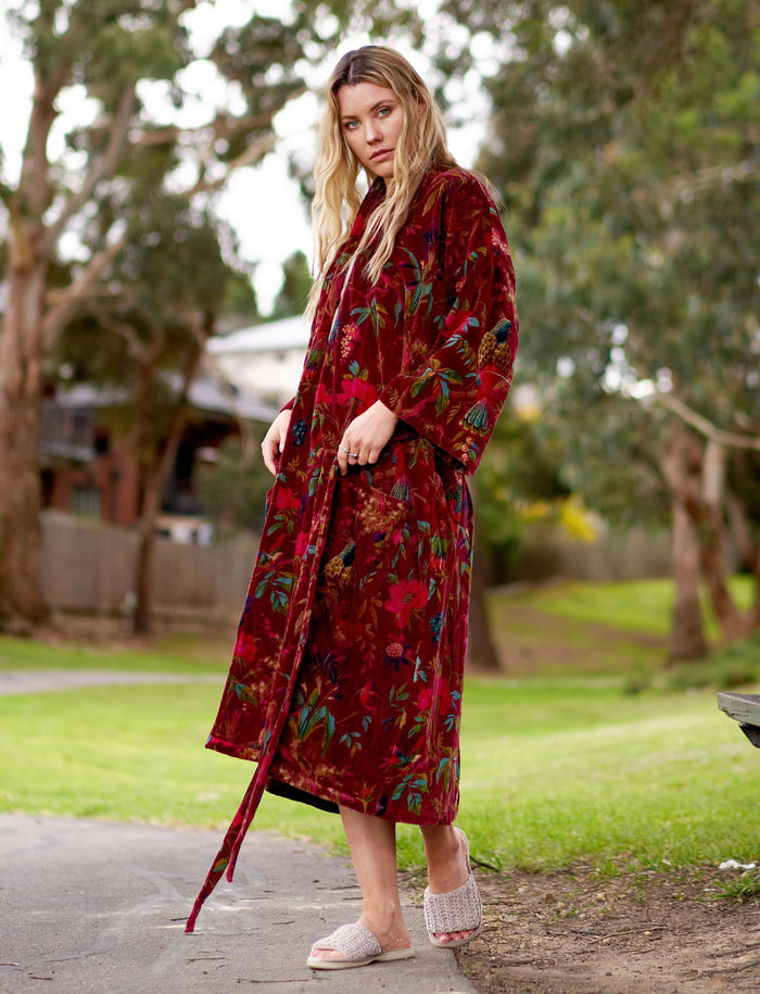 VELVET KIMONO ROBE - BURGANDY BIRDS OF PARADISE