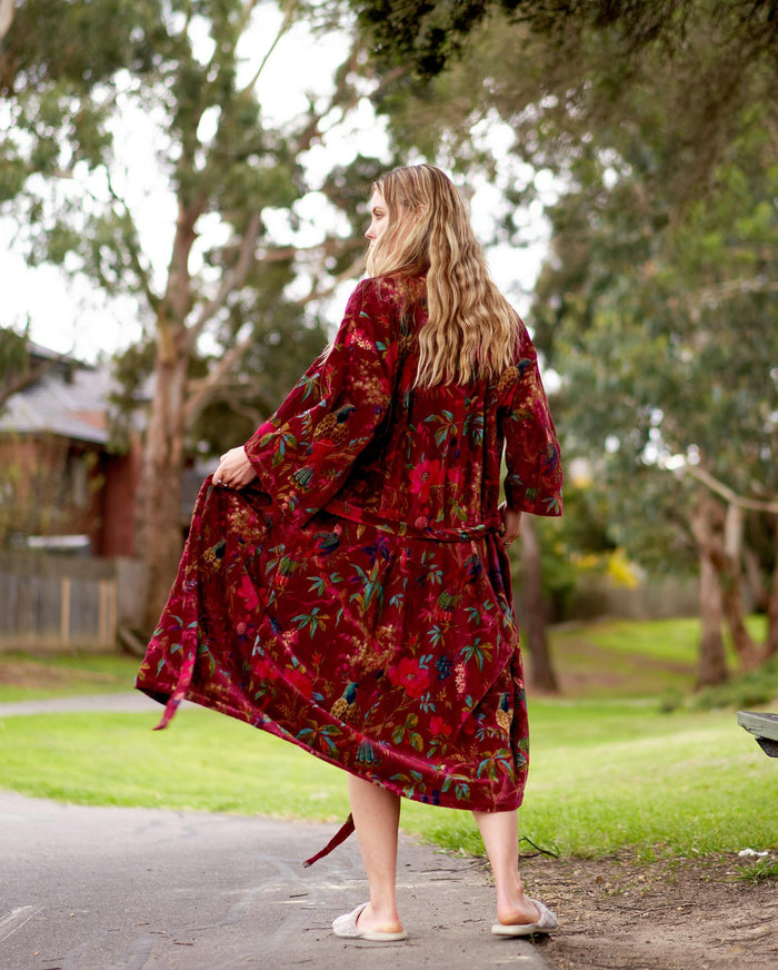 VELVET KIMONO ROBE - BURGANDY BIRDS OF PARADISE