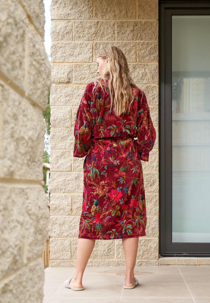 VELVET KIMONO ROBE - BURGANDY BIRDS OF PARADISE