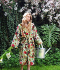 VELVET KIMONO ROBE - SOFT GREEN BIRDS OF PARADISE